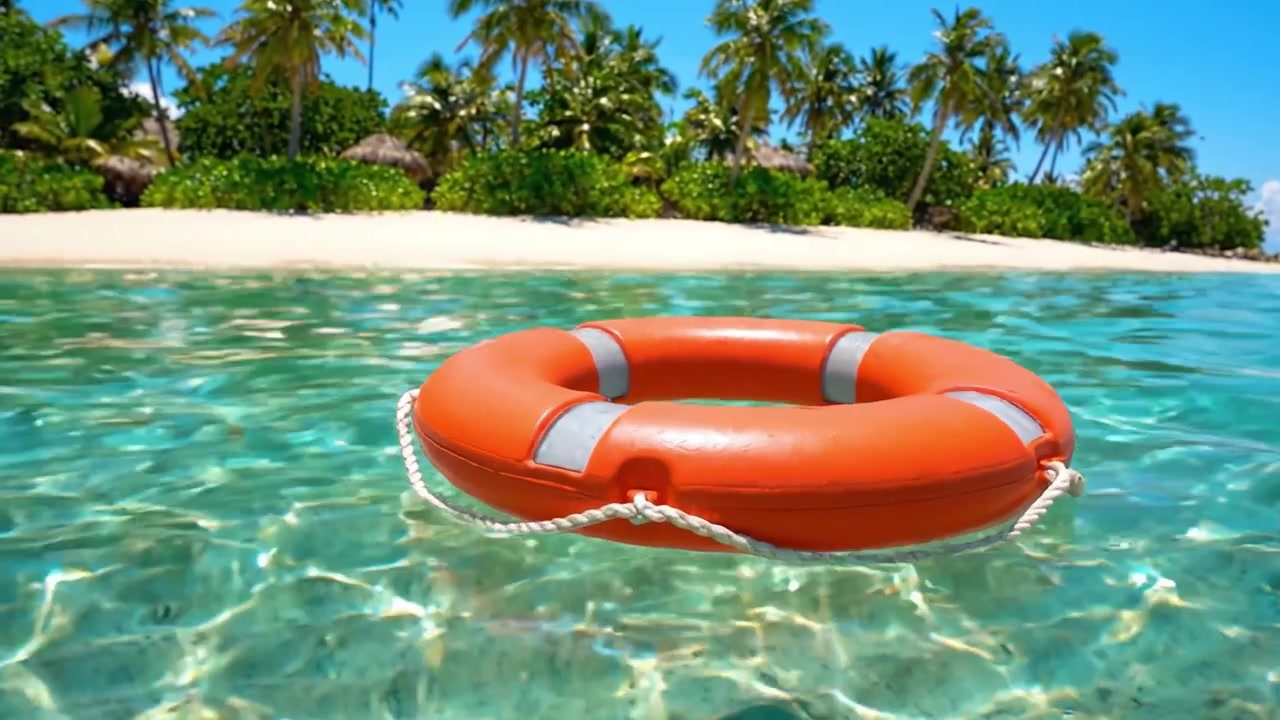 A Bright Orange Lifebuoy Floating in Crystal-Clear Water Beneath a Lush Tropical Paradise with Palm Trees and Sandy Beach in the Background