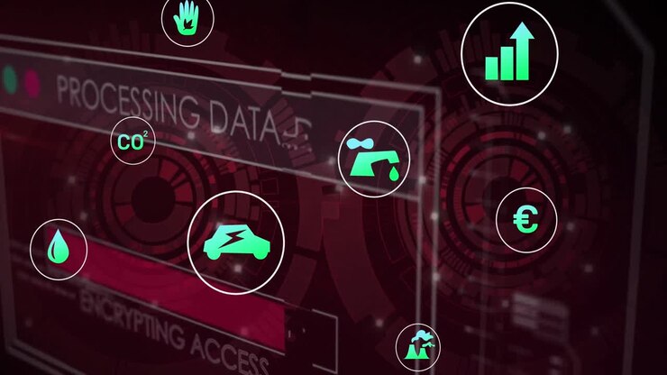 Animation of data processing and ecology icons over scope scanning