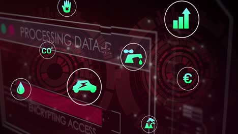 animación de procesamiento de datos e iconos de ecología sobre el escaneo de alcance