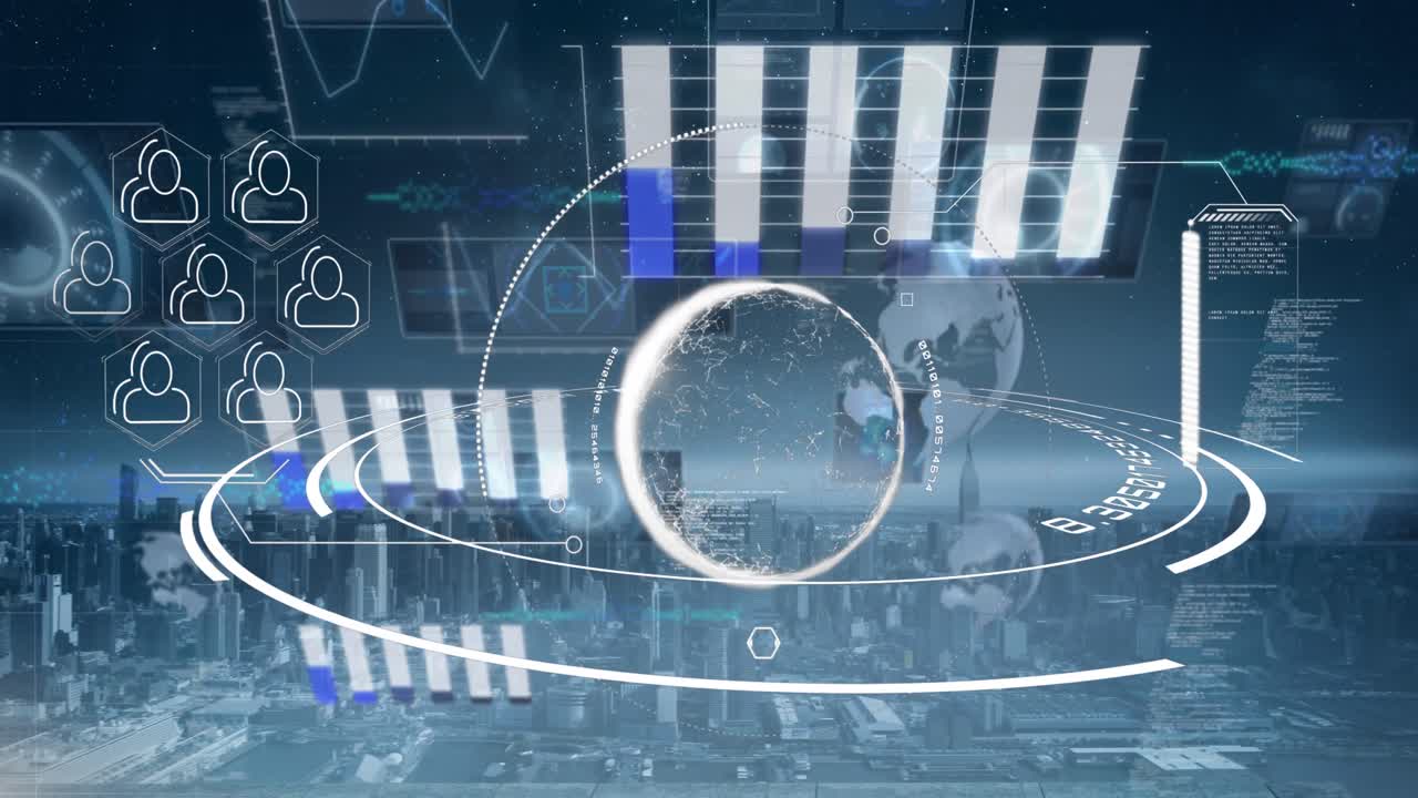 Composition of data processing on screens over globe and cityscape