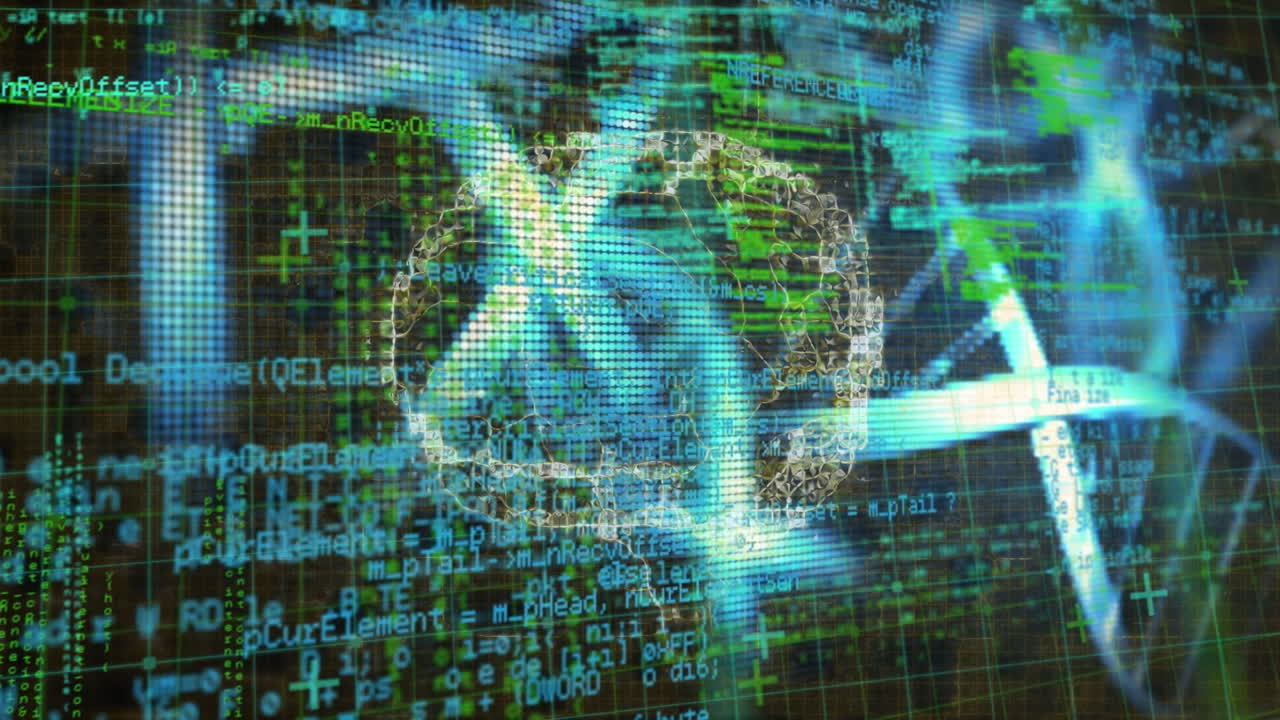 검은 바탕에 대한 데이터 처리 및 인간 뇌에 대한 dna 구조의 스핀 애니메이션