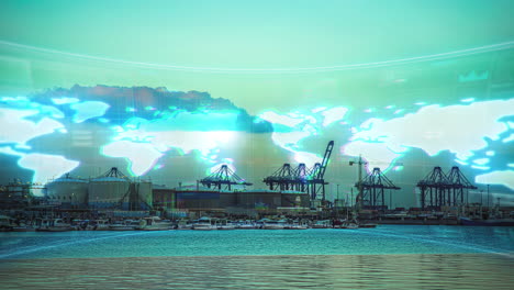 time-lapse of a industrial port with a glowing world map overlay - cgi render