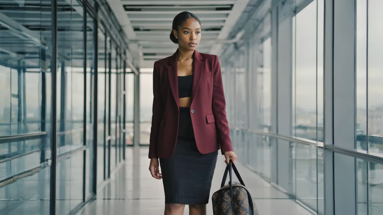 A confident business woman travels through a modern airport
