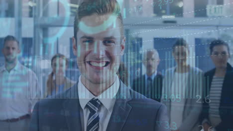 animation of financial data processing over caucasian businessman in office