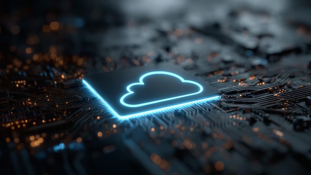 A Digital Cloud Icon Shines Brightly on a High-Tech Circuit Board, Symbolizing Cloud Computing and Data Connectivity in a Modern Technology Environment