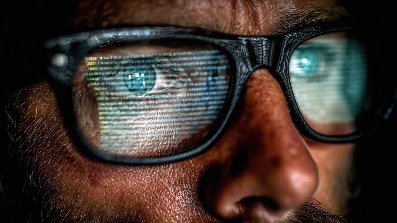 Close-Up of a Programmer's Reflection: Coding Adventure Through Glasses Capturing Lines of Code in a Darkened Space