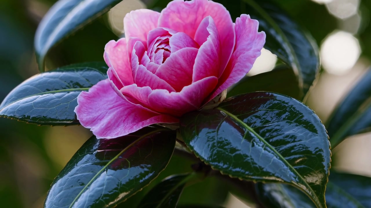 Time-lapse de uma flor de camélia rosa desabrochando e fechando