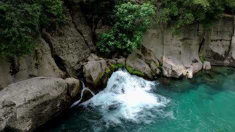 turquoise waterfall in rocky gorge