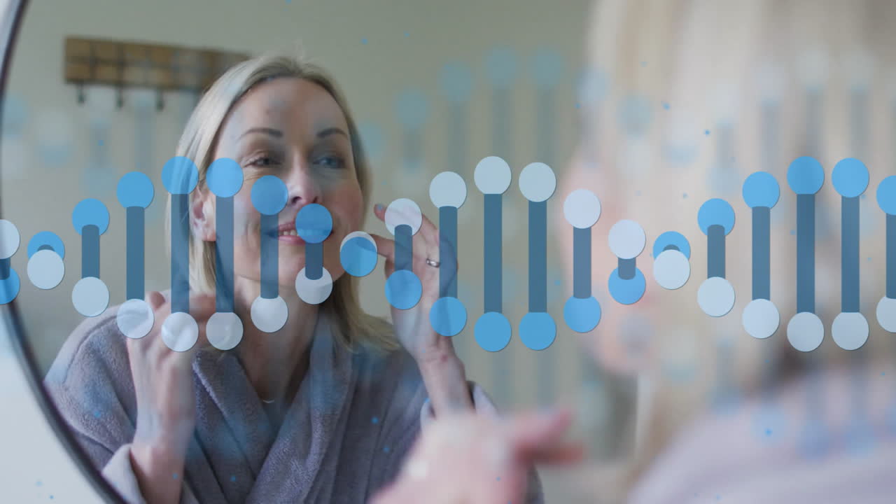 animación de cadena de adn que aparece sobre la mujer mirando en el espejo del baño