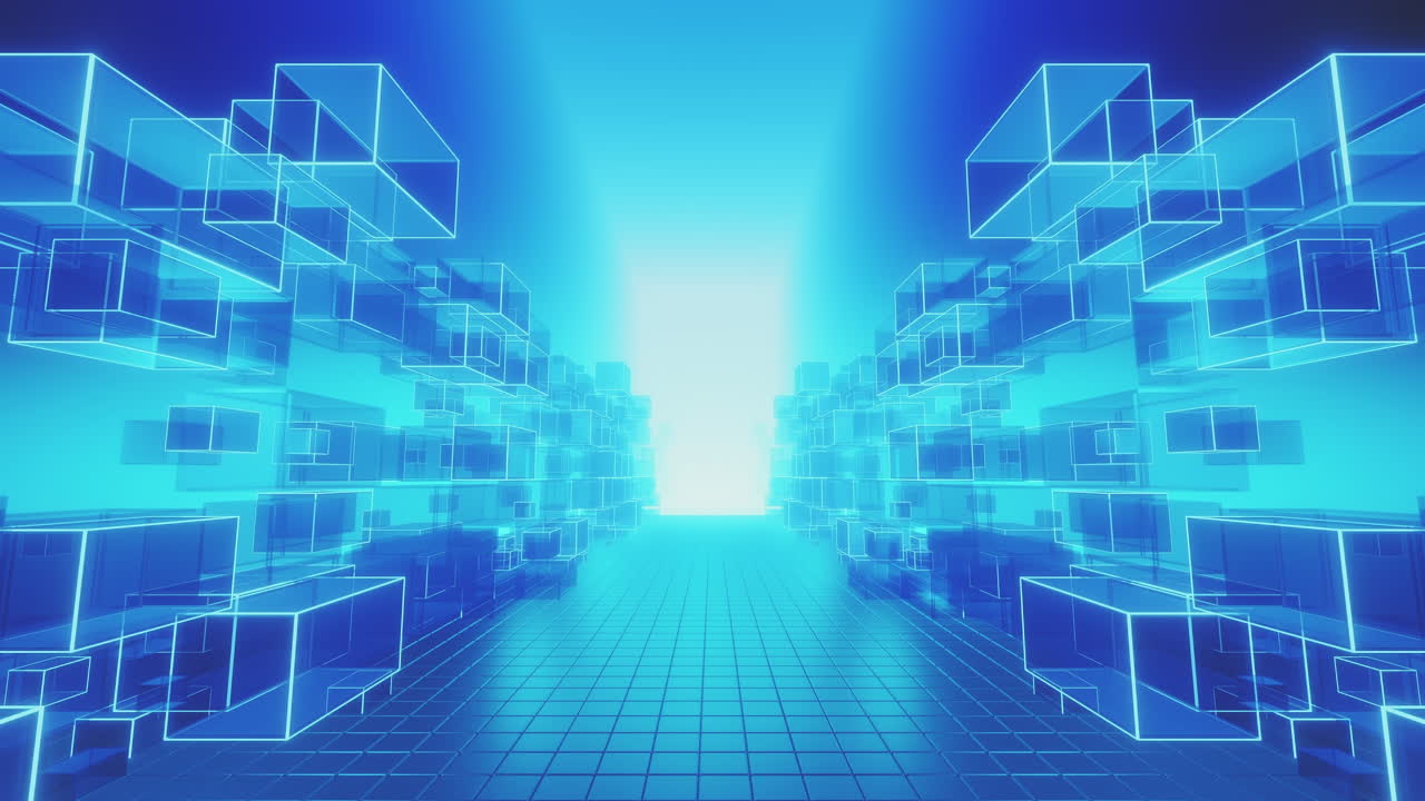 An abstract and futuristic blue digital tunnel, illuminated by a bright light at its end, features glowing translucent cubes forming its walls and a grid-patterned floor, representing data, networks,