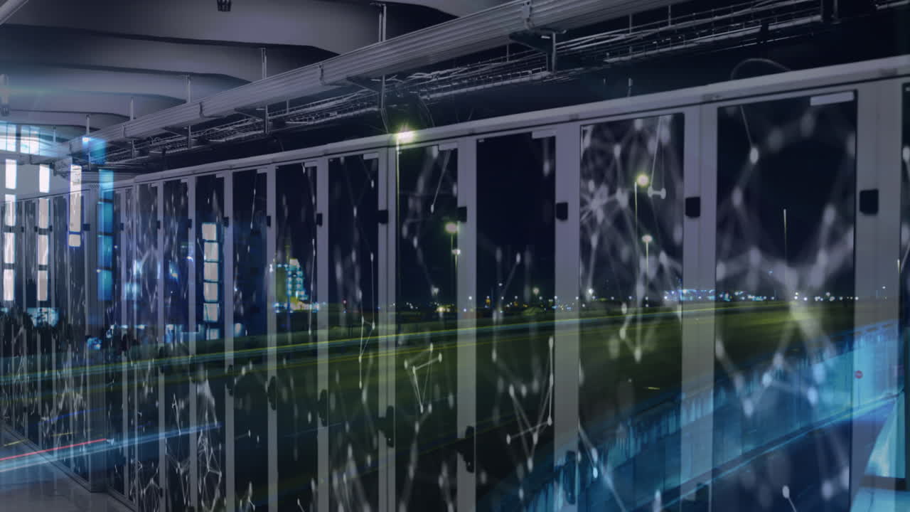 Network of connections over server room against night city traffic