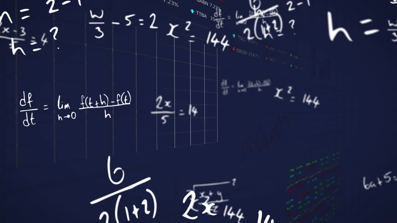 Animation of mathematical equations over data processing on black background