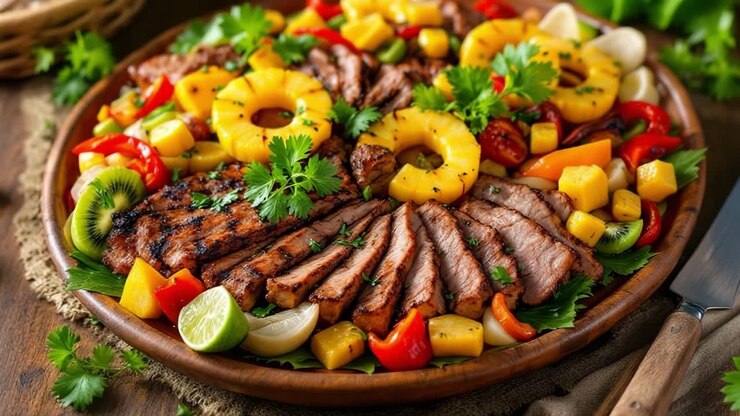 Plato de carne a la parrilla con filete en rodajas, verduras vibrantes y frutas tropicales, bellamente dispuesto en una bandeja de madera, mostrando un festín de sabores y texturas para el disfrute culinario.