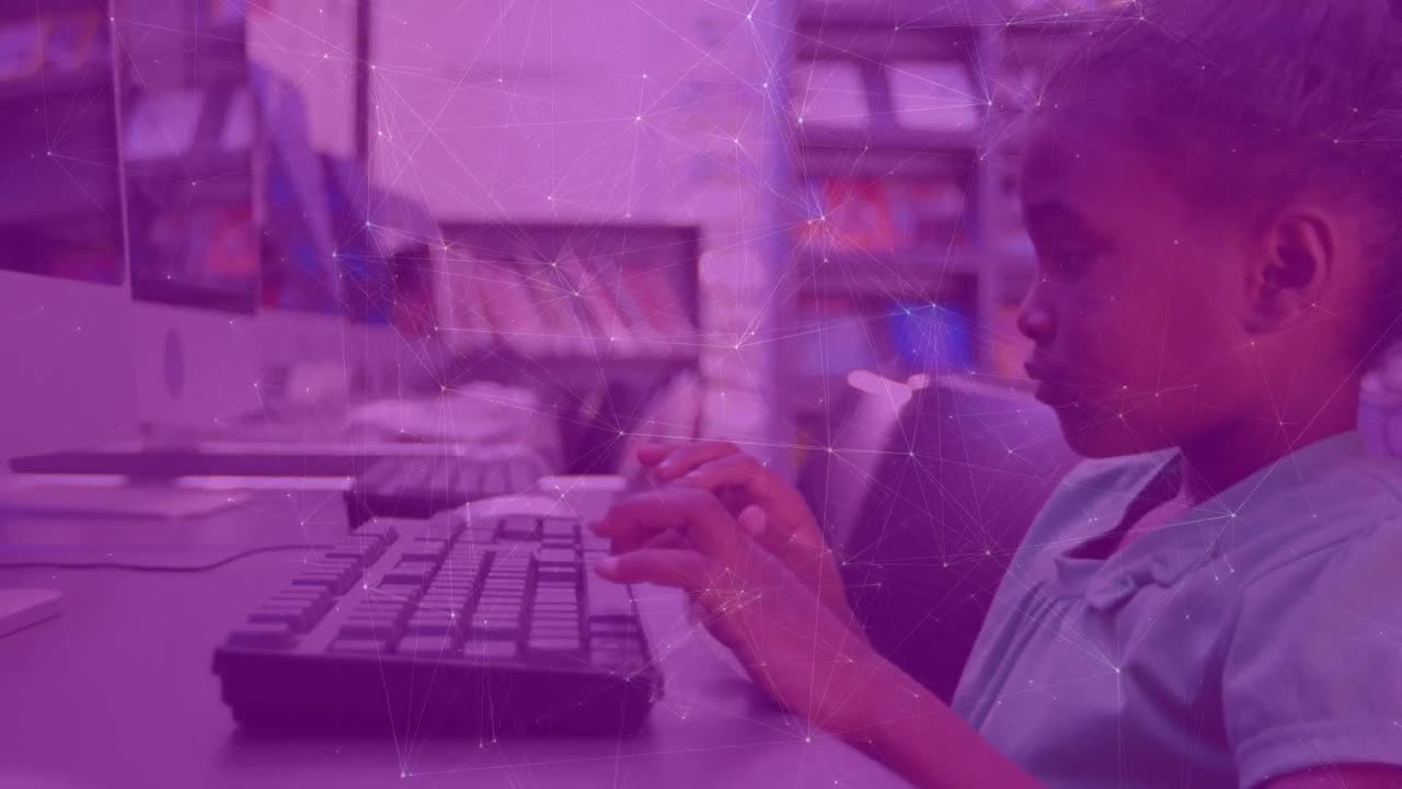 Animation of connected dots over african american girl looking at screen and tying on keyboard