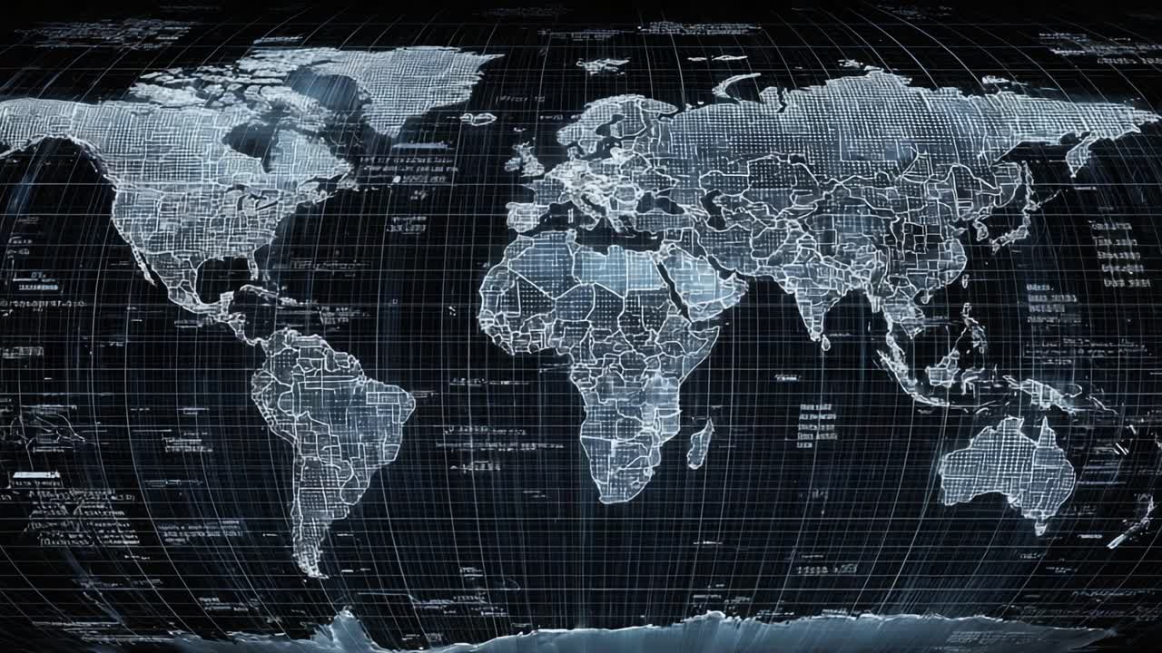 A Detailed Digital Representation of the World: A Futuristic View of a Global Map with Grid Lines and Annotated Geographical Data