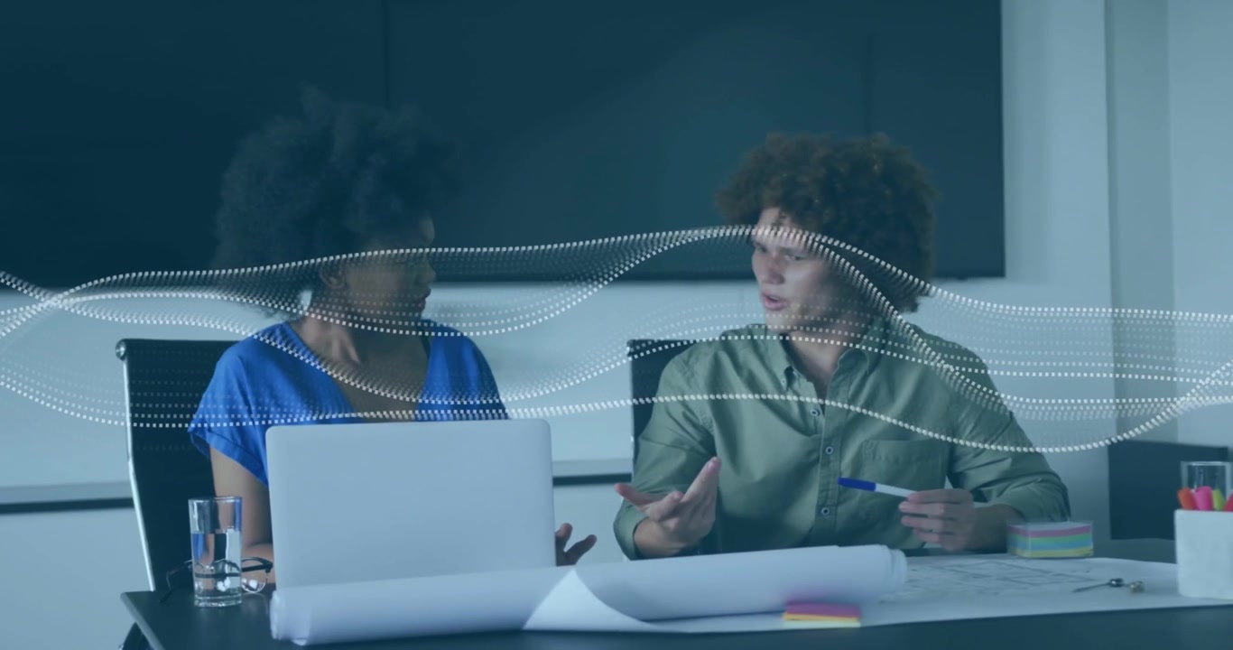 Left woman starting talk, right man marking, dotted wave overlay guiding laptop entry for business