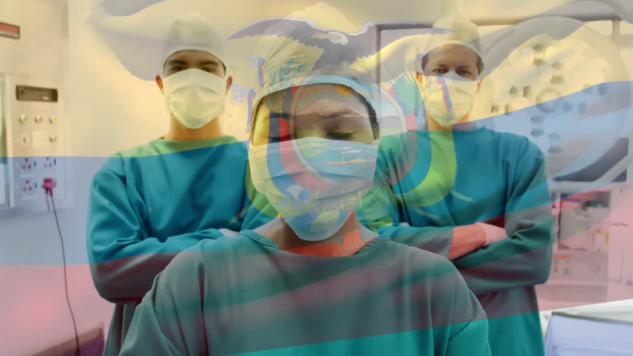 Animation of flag of ecuador waving over surgeons in operating theatre
