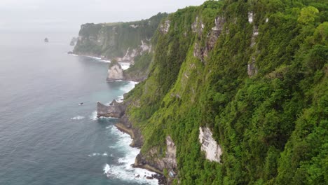 revelación aérea de los altos acantilados empinados de la costa que rodean la cascada de peguyangan