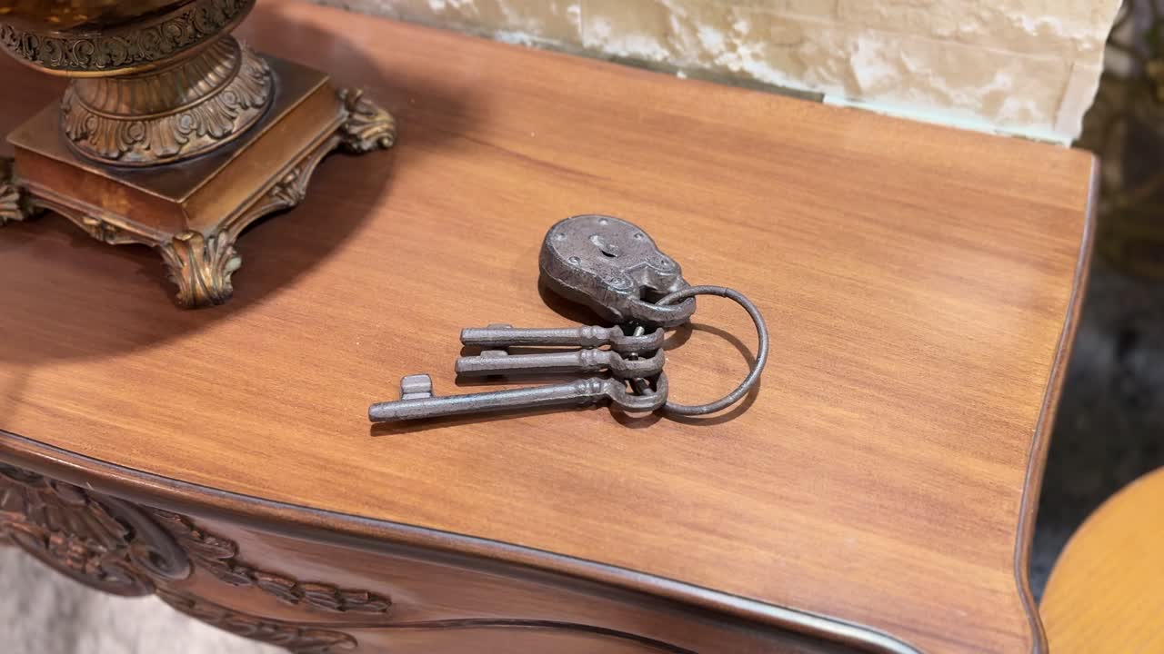 Primo piano di antiche chiavi a scheletro in ferro attaccate a un vecchio lucchetto che poggiano su un tavolo di legno lucido all'interno, evidenziando l'artigianato vintage e i dettagli rustici dell'arredamento interno