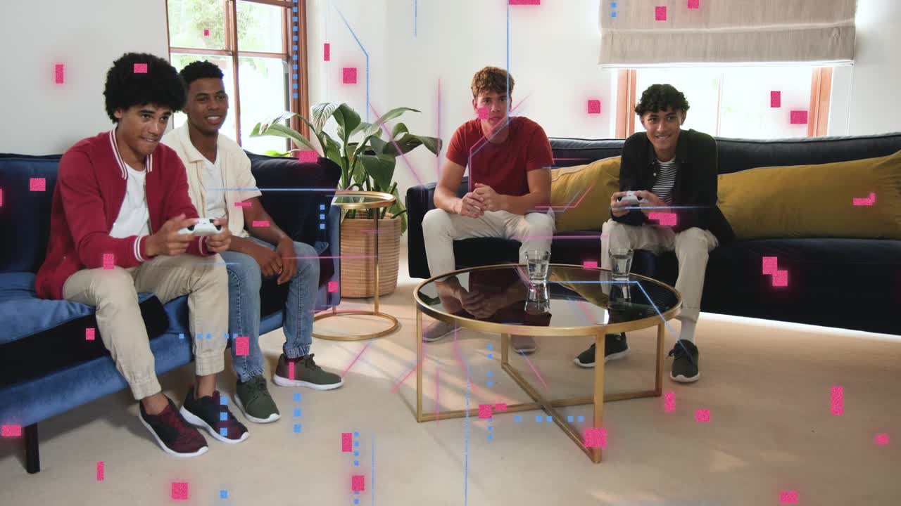 Four men on sofas playing console, pressing controllers and causing overlay intensifying for gaming