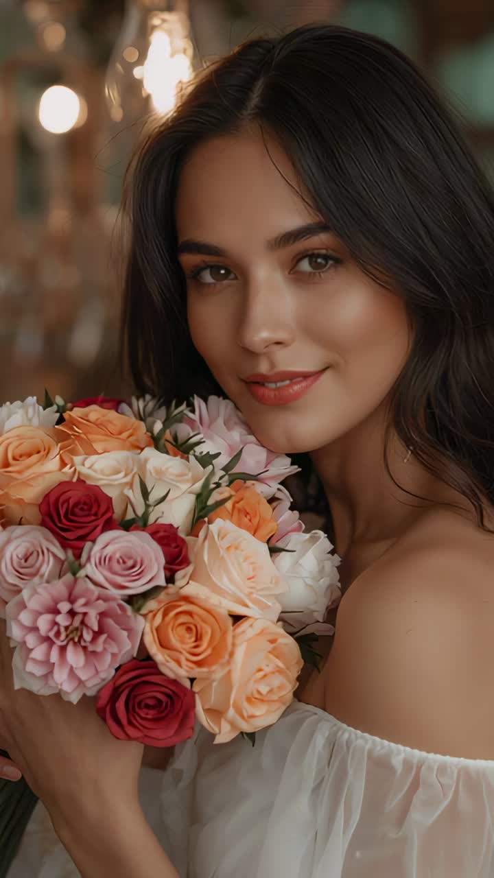 Video verticale: inquadratura iniziale di una donna in camicetta con spalle scoperte che tiene un bouquet e posa in studio