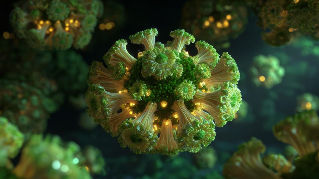 Intricate Macro View of a Microscopic Structure: Detailed Observation of a Multi-faceted Organic Form with Bioluminescent Properties and Unique Textural Patterns