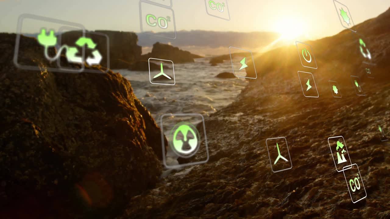 Waves lapping starting energy icons fading in drifting over sunlit coast representing green energy