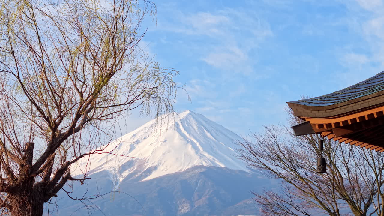 Aerial drone view of a temple with Mount Fuji on the background