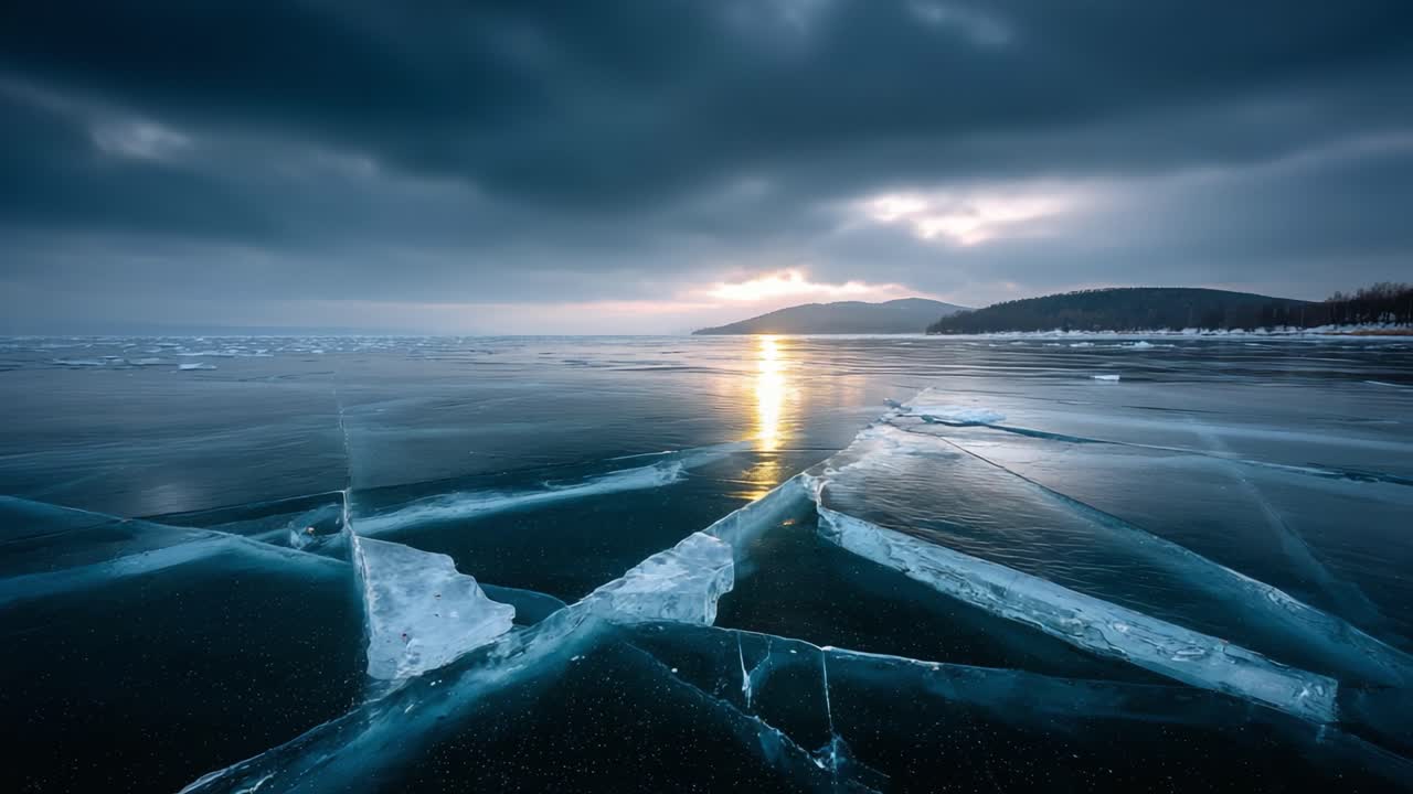 Paesaggio invernale accattivante con ghiaccio incrinato: uno straordinario contrasto di luci e ombre su una massa d'acqua ghiacciata al crepuscolo