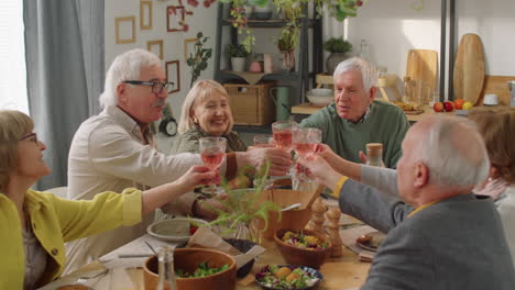 company of elderly friends toasting with drinks at home dinner