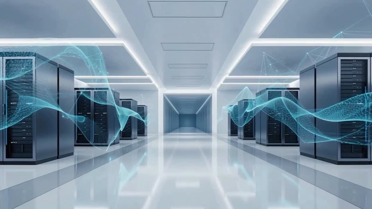 Futuristic data center corridor with server racks and flowing digital network waves visualization
