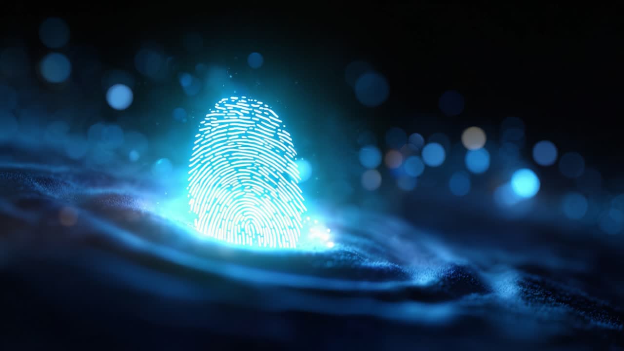 Illuminated digital fingerprint emerging from a glowing surface, representing identity, security, and unique authentication in a captivating visual style