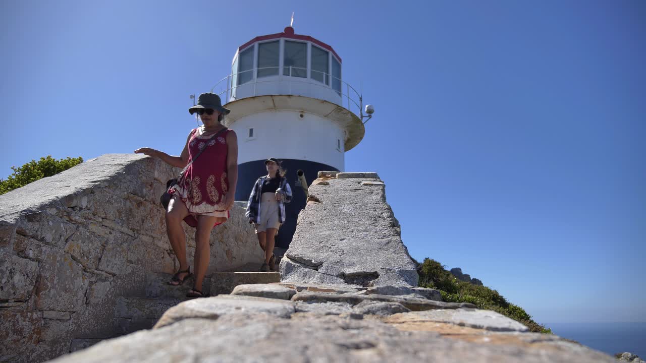 Zwei Frauen gehen felsige Steinstufen von einem historischen Leuchtturm unter einem klaren blauen Himmel hinunter, ein malerisches Küstenwahrzeichen am Cape Point, Kap-Halbinsel, Südafrika, zeigend.