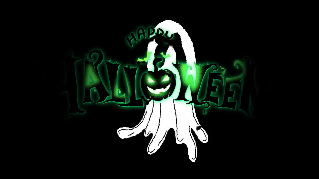 Animation of glowing green Happy Halloween text with ghost and pumpkin design