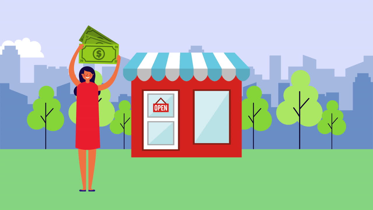 에 상점 건물을 가진 젊은 사업가