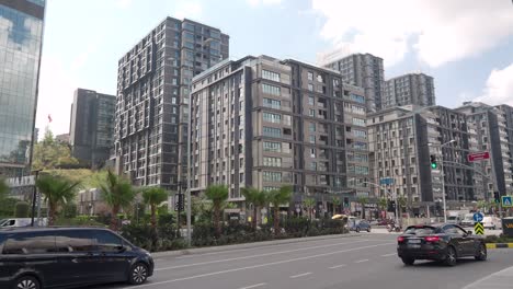 modern apartment buildings in a city intersection