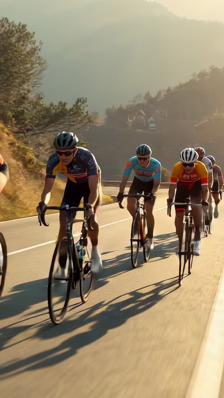 Vertical video: Cresting bend, six cyclists competing uphill on mountain pass with bikes