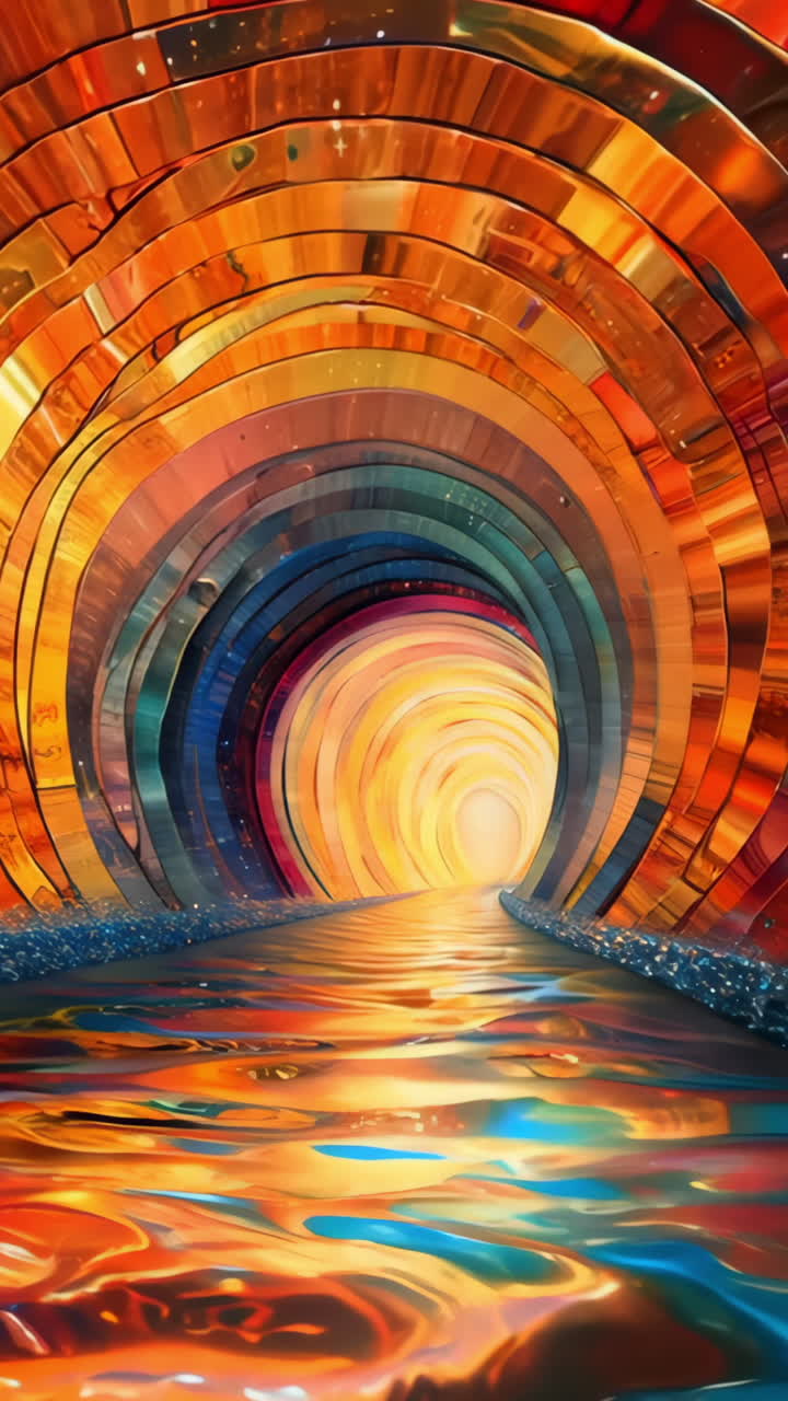 A colorful painting of a tunnel with a river flowing through it. The colors are bright and vibrant, creating a sense of wonder and excitement. The painting seems to be inspired by the beauty of nature