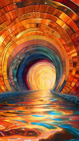 a colorful painting of a tunnel with a river flowing through it. the colors are bright and vibrant, creating a sense of wonder and excitement. the painting seems to be inspired by the beauty of nature