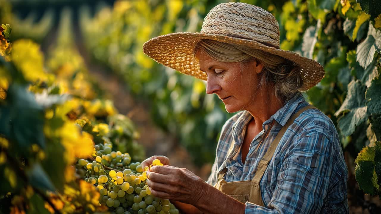 A Dedicated Vineyard Worker Harvests Grapes in a Sunlit Vineyard, Showcasing the Quiet Beauty of Nature and the Joy of Tending to the Bounty of the Land