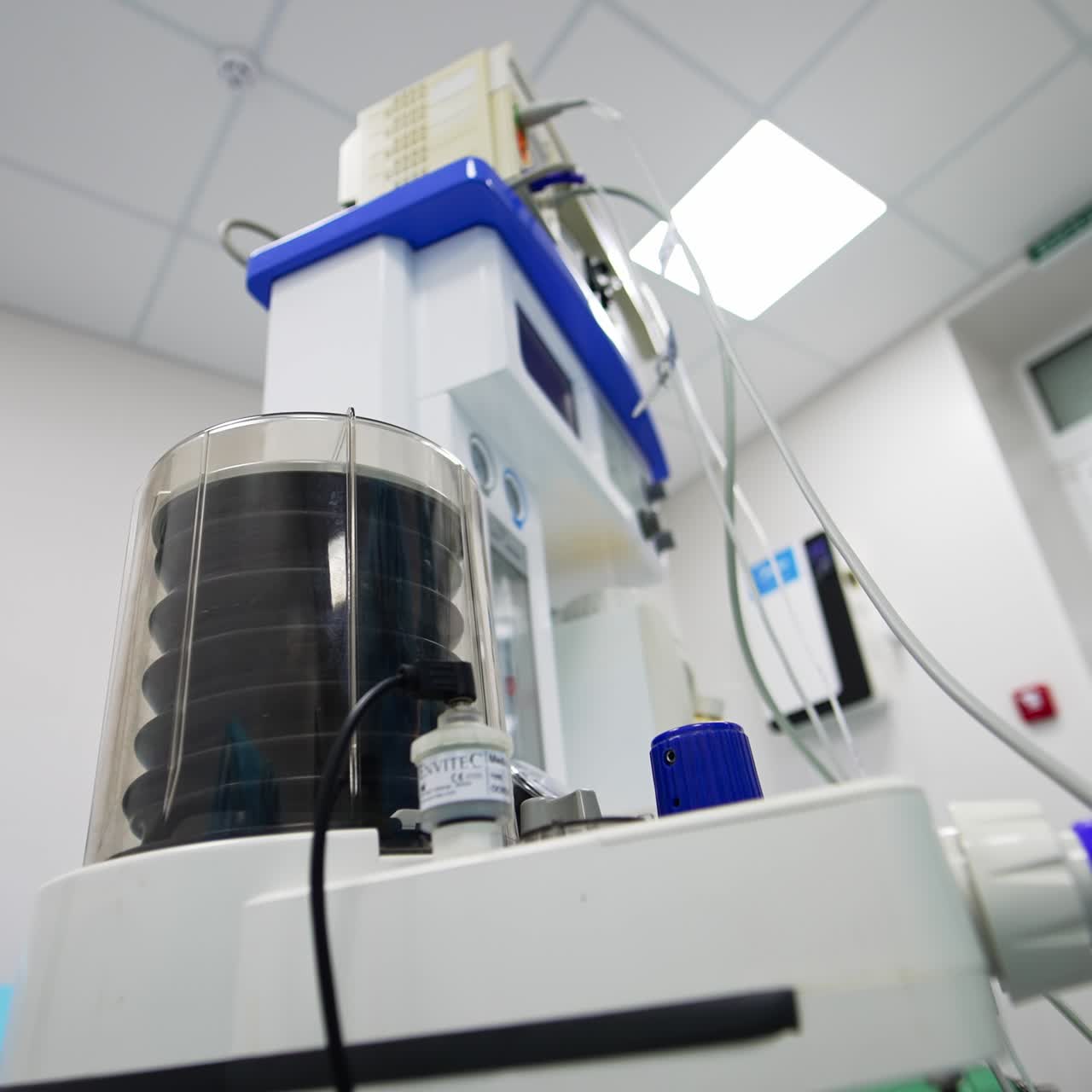 Lung ventilation system working in the surgery room. Modern equipment for operation. Low angle view