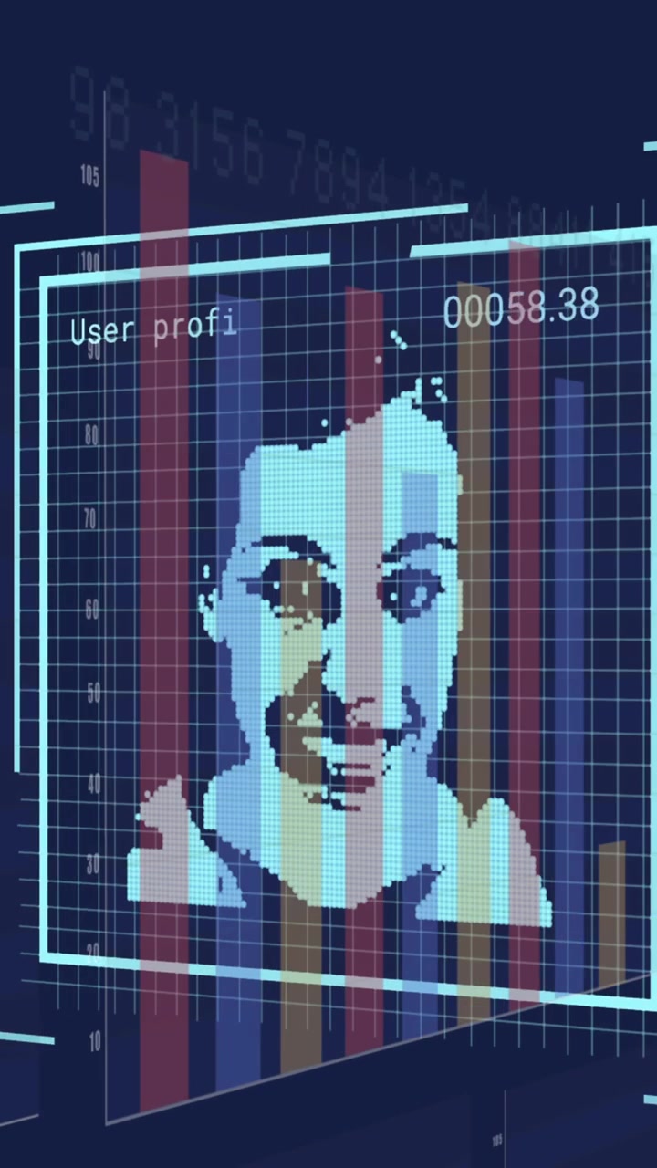 Animation of biometric photo and data processing over blue background