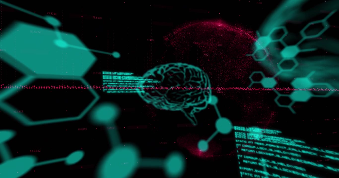 Animation of data processing with brain and chemical structures on black background