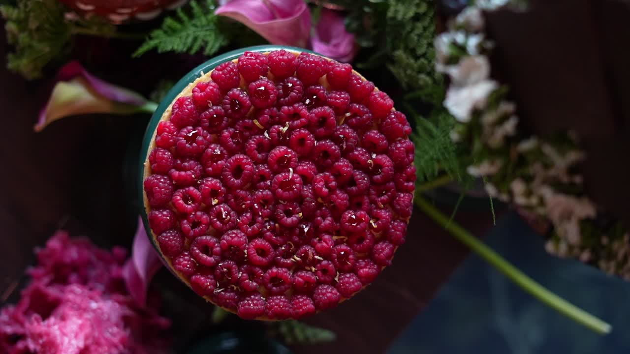 A view of Strawberry jam cake in a restaurant, close up shot,