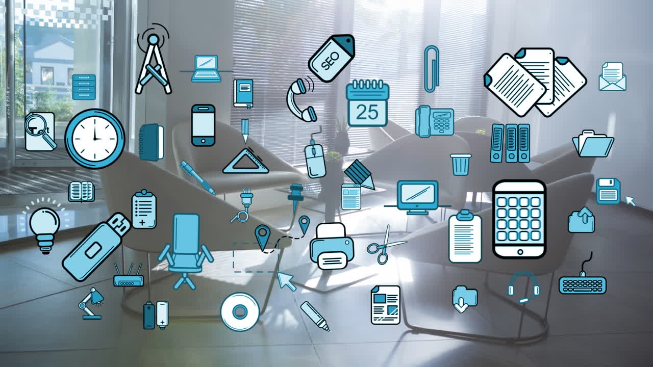 사무실 위의 비즈니스 및 사무실 아이콘의 애니메이션