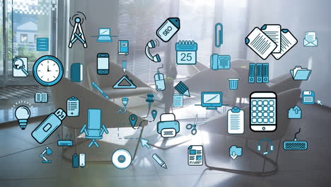 animación de iconos de negocios y oficinas sobre la oficina