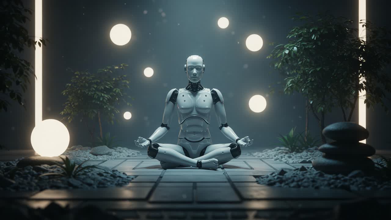 Una figura robotica serena in meditazione in un ambiente tranquillo, circondata da sfere fluttuanti e vegetazione lussureggiante, a simboleggiare l'armonia tra tecnologia e natura