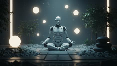 a serene robotic figure meditating in a tranquil environment surrounded by floating orbs and lush greenery, symbolizing harmony between technology and nature