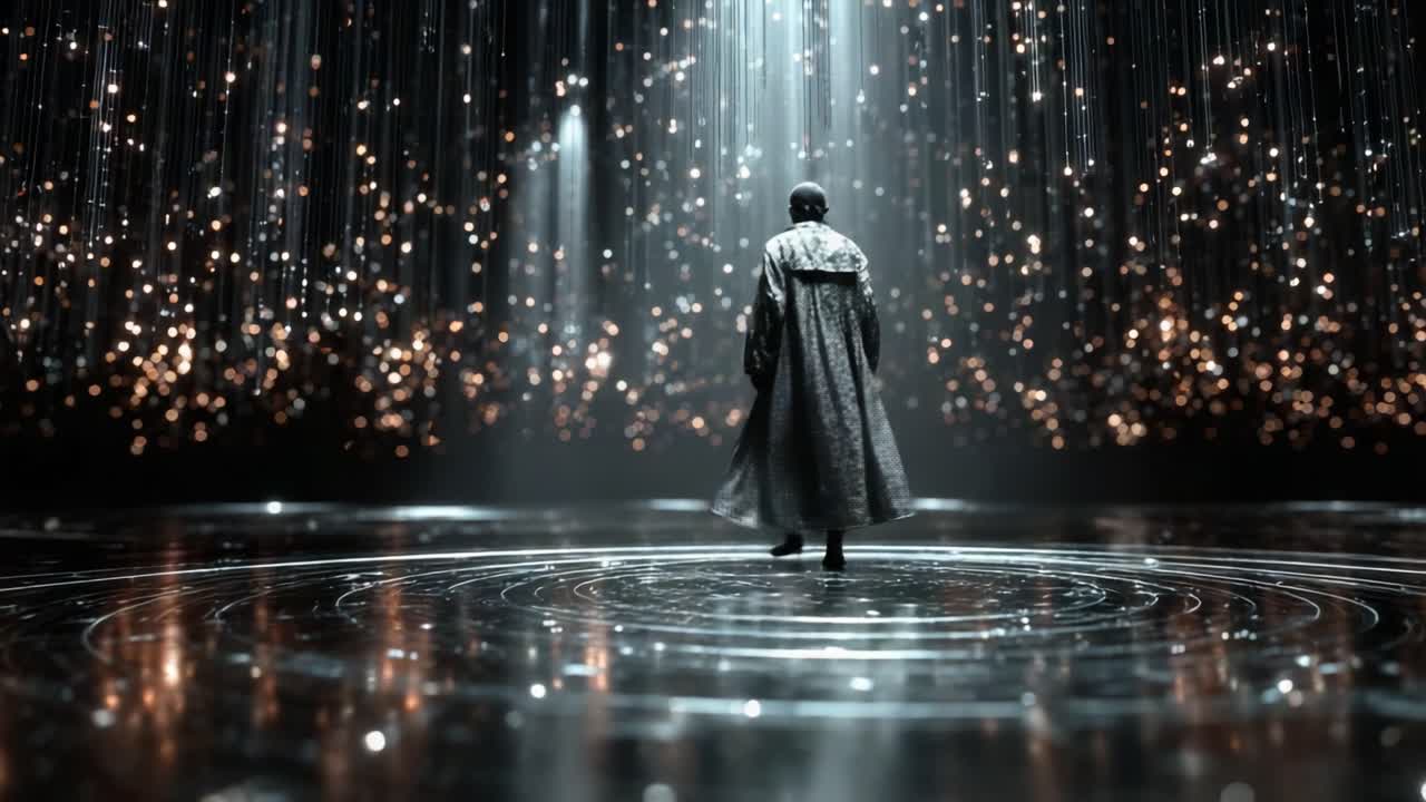 A mesmerizing figure stands alone in a shimmering environment filled with cascading lights and intricate patterns, evoking a sense of wonder and enchantment in an ethereal atmosphere