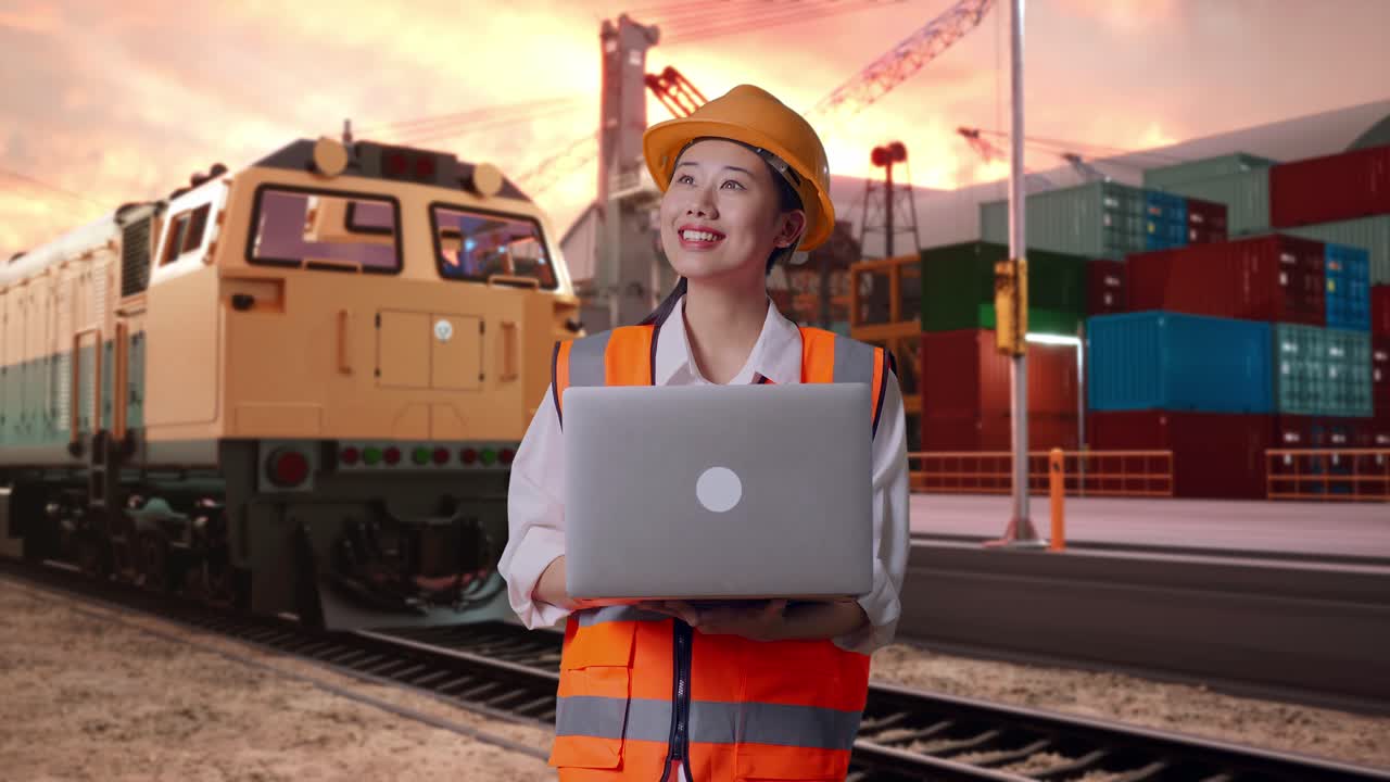 Asian Female Engineer With Safety Helmet Working On A Laptop And Looking Around With Freight Cargo Train At Port